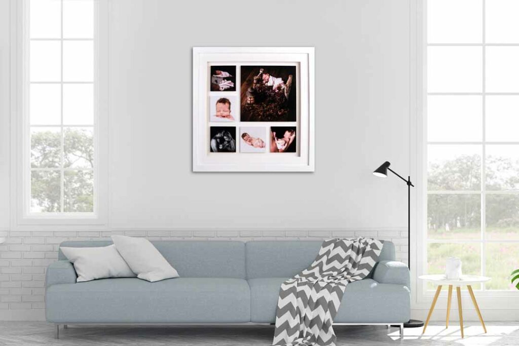 A white Float frame with multi picture photos, photography product