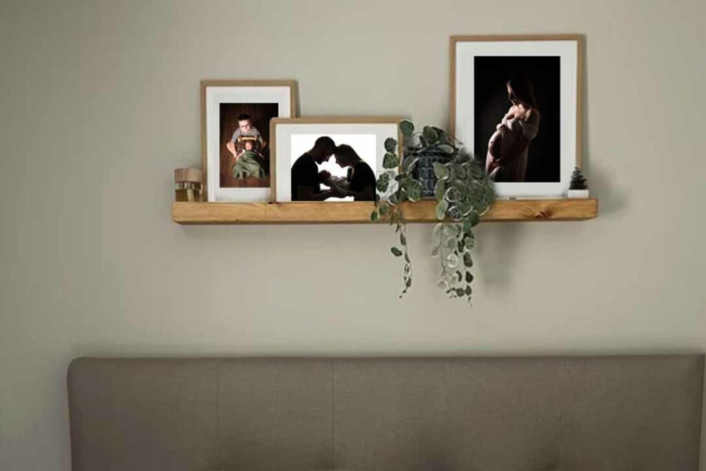 A self with multiple pictures all framed with a shlfie frame